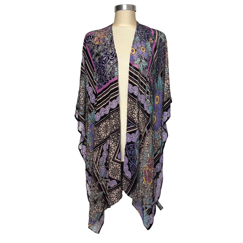 Anthropologie Purple Floral Velvet Burnout Kimono Wrap One Size Boho Cardigan